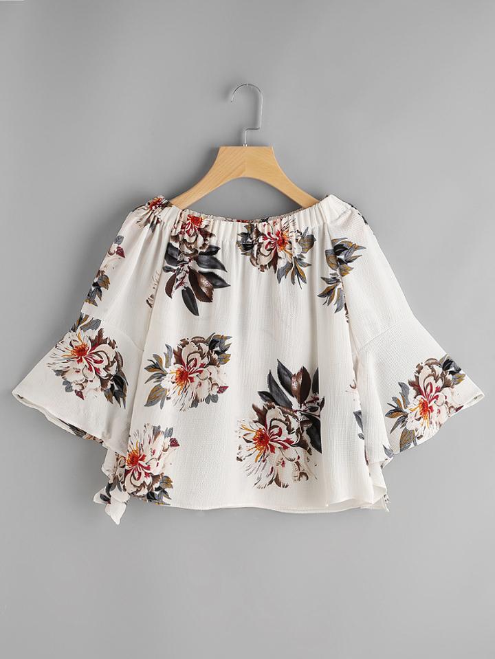 Shein Boat Neckline Floral Print Bell Sleeve Top