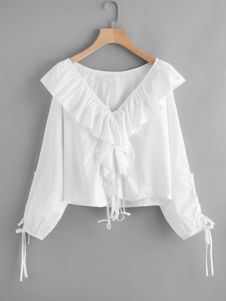 Shein Exaggerated Frill V Neckline Self Tie Blouse