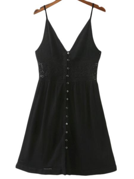 Shein Black Buttons Front Lace Splicing Spaghetti Strap Dress