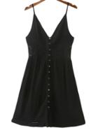 Shein Black Buttons Front Lace Splicing Spaghetti Strap Dress