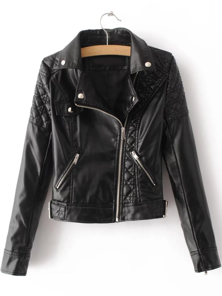 Shein Black Textured Detail Pu Jacket With Zipper