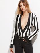 Shein Contrast Vertical Striped Deep V Neck Sweater