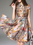 Shein Multicolor Lapel Belted Print A-line Dress