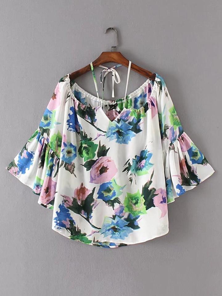 Shein Bell Sleeve Tie Back Convertible Top