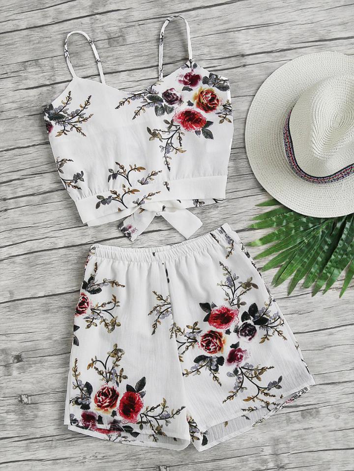 Shein Floral Print Random Split Bow Tie Back Cami Top With Shorts
