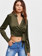 Shein Roll Tab Sleeve Plunging Surplice Wrap Blouse