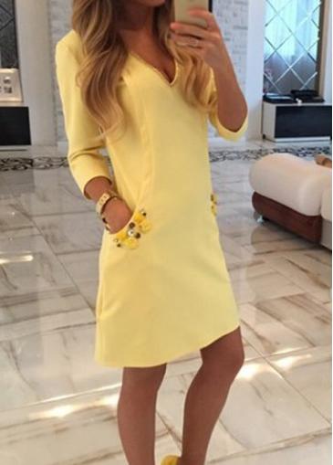 Rosewe Three Quarter Sleeve Yellow Shift Dress