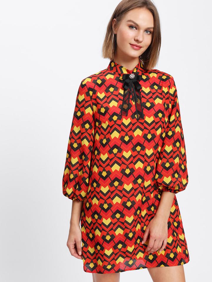 Shein Bow And Rhinestone Embellished Neck Lantern Sleeve Dress