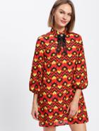 Shein Bow And Rhinestone Embellished Neck Lantern Sleeve Dress