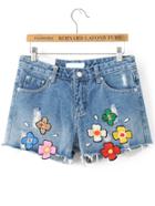 Shein Blue Embroidery Raw Hem Denim Shorts