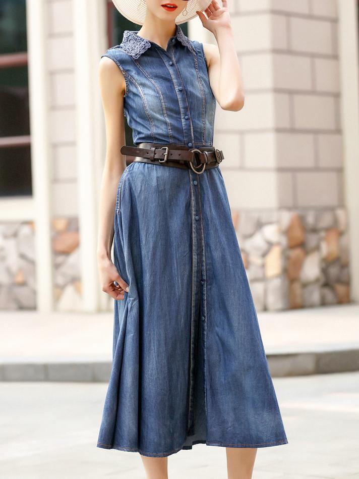 Shein Blue Lapel Belted Split Denim Dress