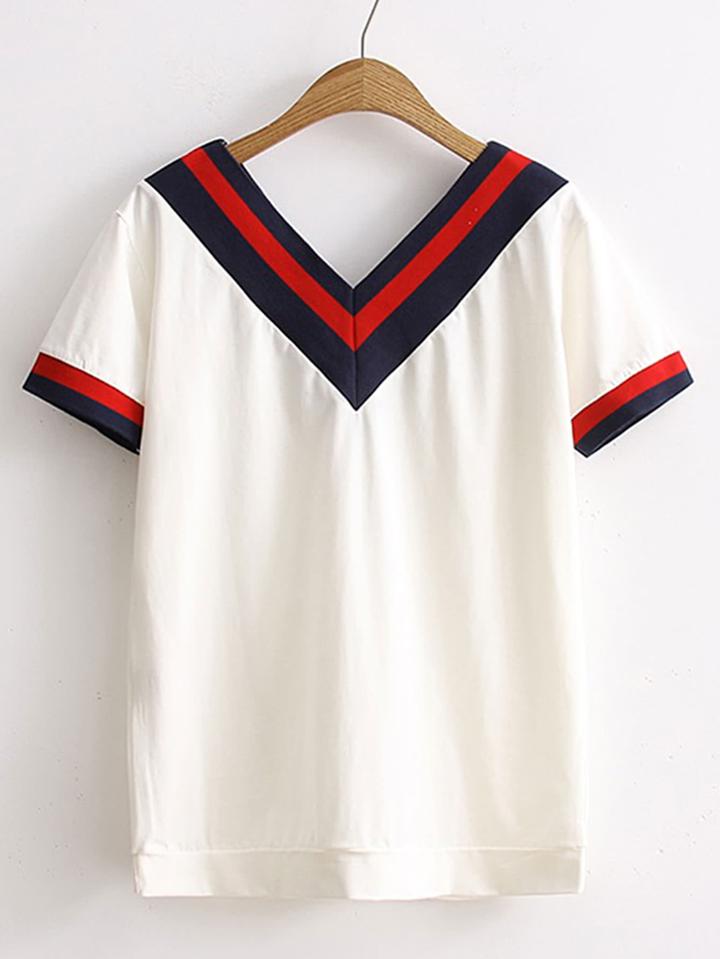 Shein Double V Neck Chevron Print Tee