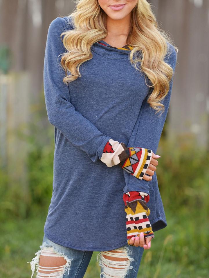 Shein Blue Hooded Long Sleeve Slim T-shirt