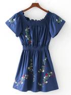 Shein Boat Neckline Shirred Waist Embroidery Dress