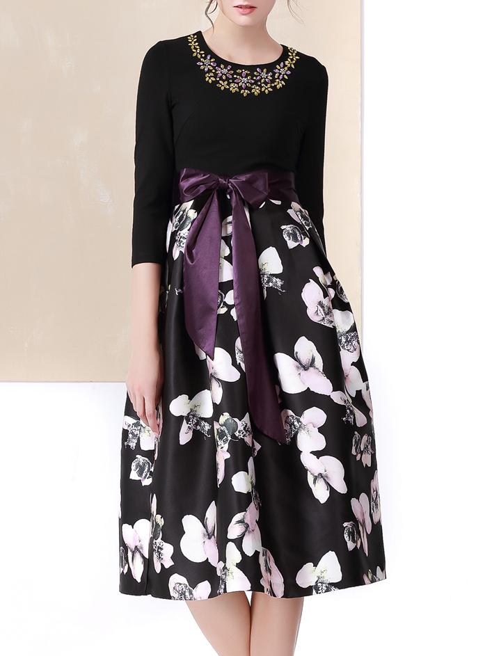 Shein Black Beading Tie-waist Print Dress