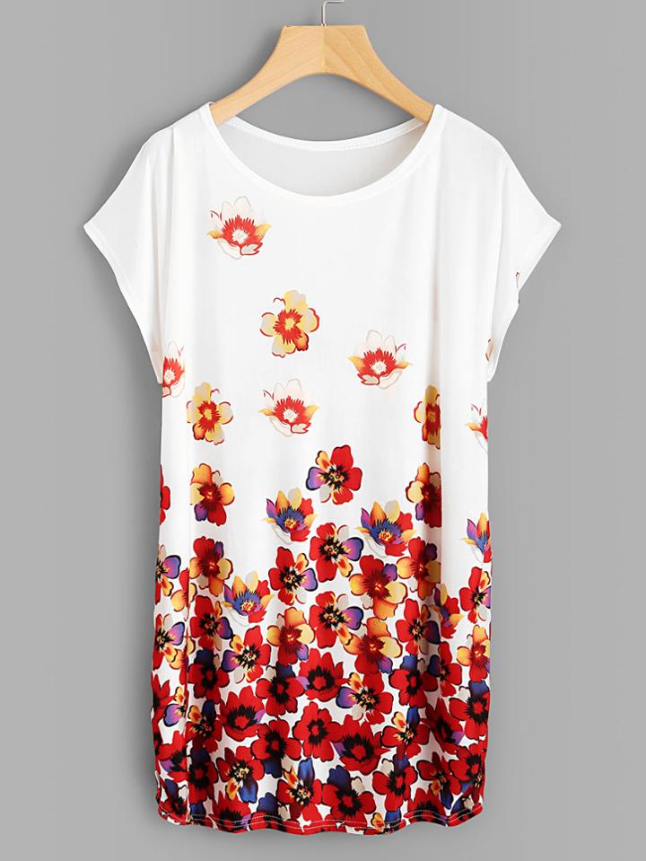 Shein Dolman Sleeve Shirred Side Florals Tee
