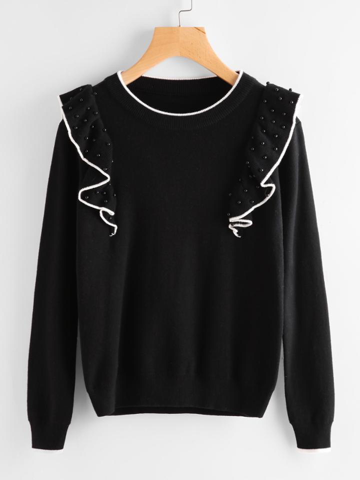 Shein Contrast Trim Beaded Ruffle Detail Jumper