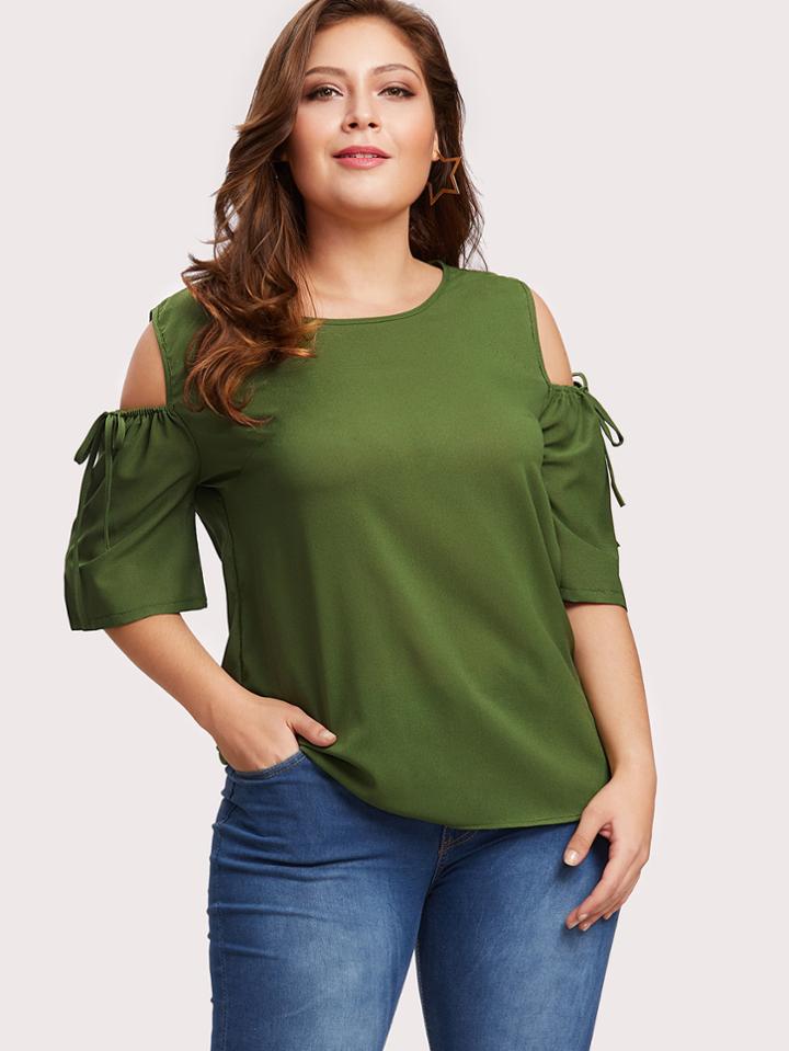 Shein Cold Shoulder Drawstring Sleeve Keyhole Back Top