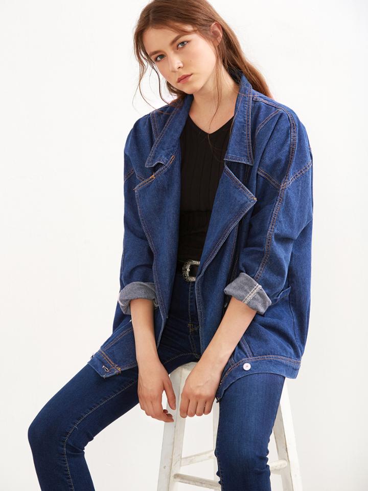 Shein Blue Double Breasted Boyfriend Denim Jacket