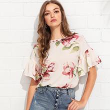 Shein Ruffle Sleeve Keyhole Back Floral Top