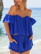 Shein Blue Off The Shoulder Ruffle Top With Shorts