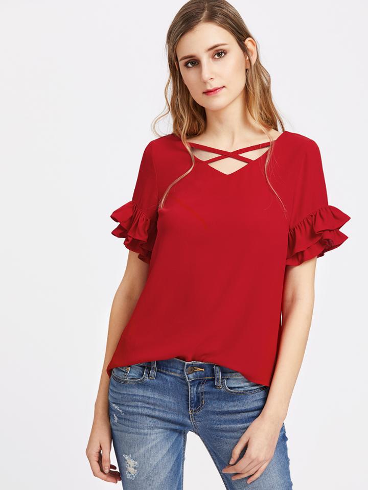 Shein Criss Cross Layered Ruffle Sleeve Top