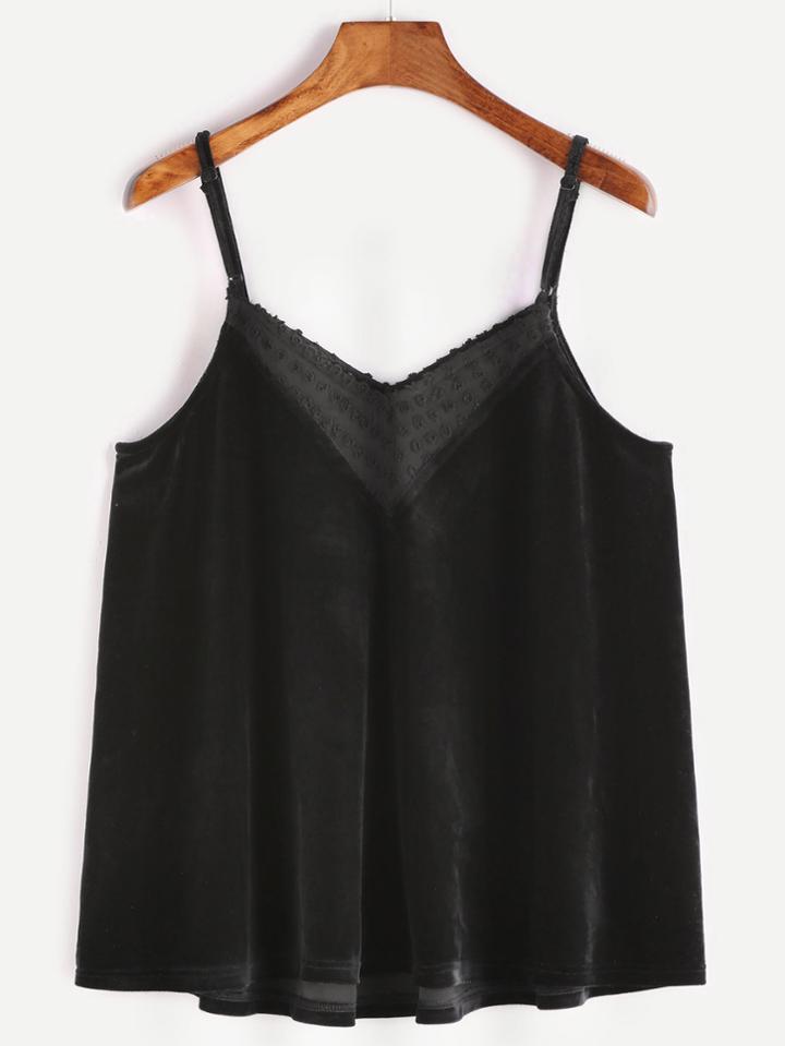 Shein Black Dotted Jacquard Chiffon Trim Velvet Cami Top