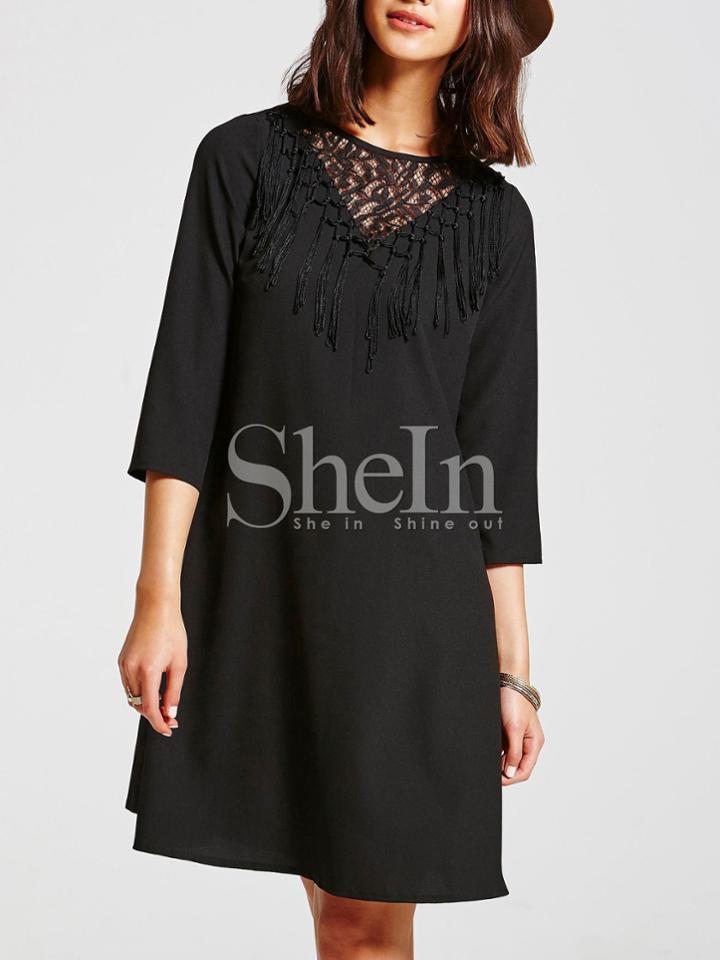 Shein Black Lace Fringe Front Shift Dress