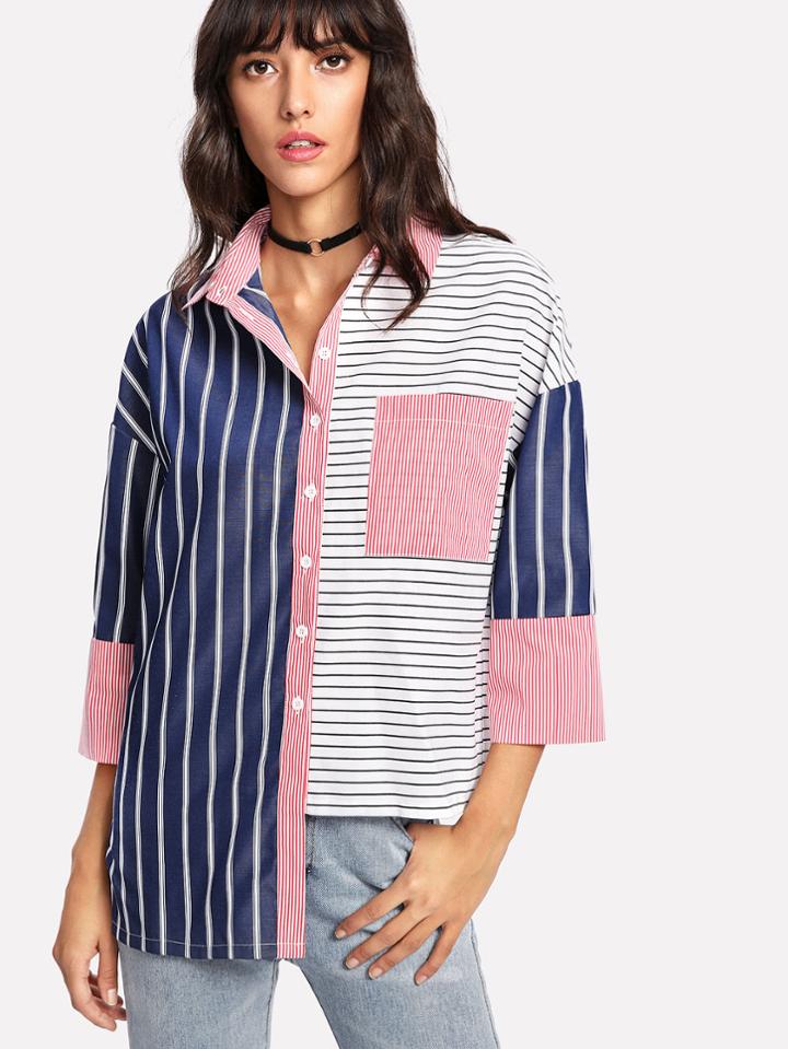 Shein Stepped Hem Mixed Stripe Shirt