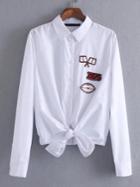 Shein White Patches Knotted Hem Shirt