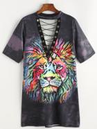 Shein Bleach-dye Lion Print Grommet Lace Up Tee Dress