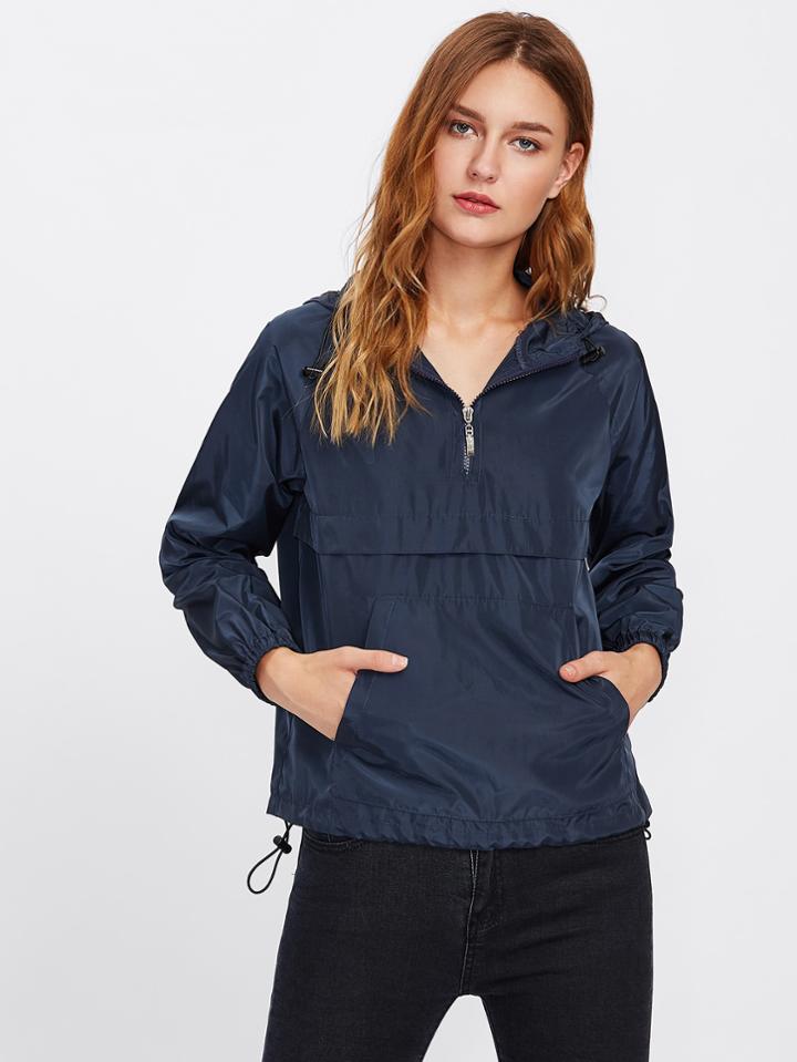 Shein Pocket Front Drawstring Hem Hooded Windbreaker Pullover