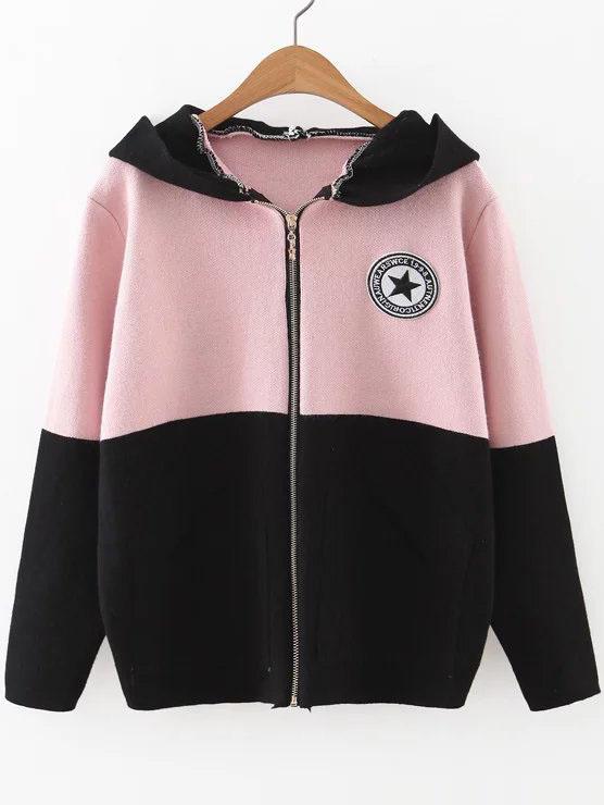 Shein Pink Color Block Hooded Sweater Coat With Badge