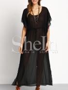 Shein Black Pompom Trim Tie-waist Split Maxi Dress