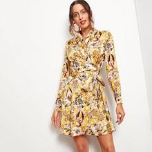 Shein Shawl Collar Surplice Wrap Knot Floral Dress