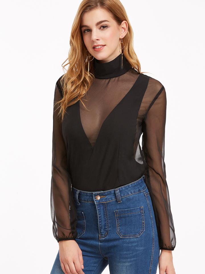 Shein Black High Neck Keyhole Back Sheer Top