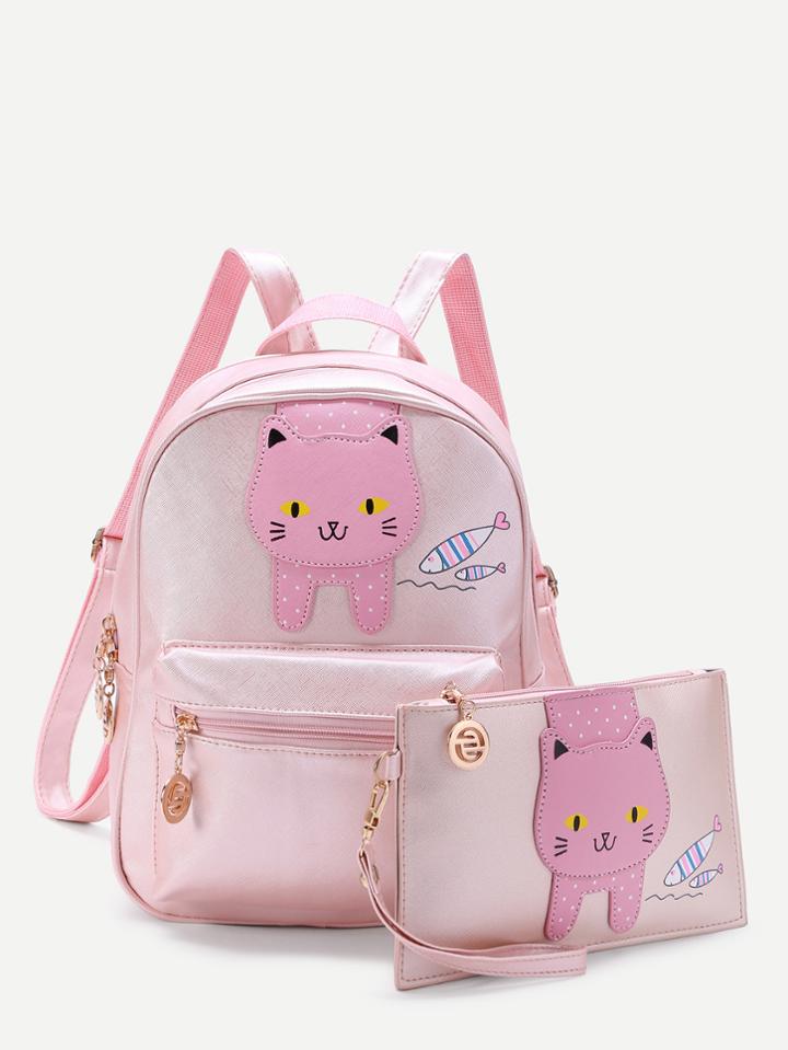 Shein Cat And Fish Pattern Backpack With Clutch Bag