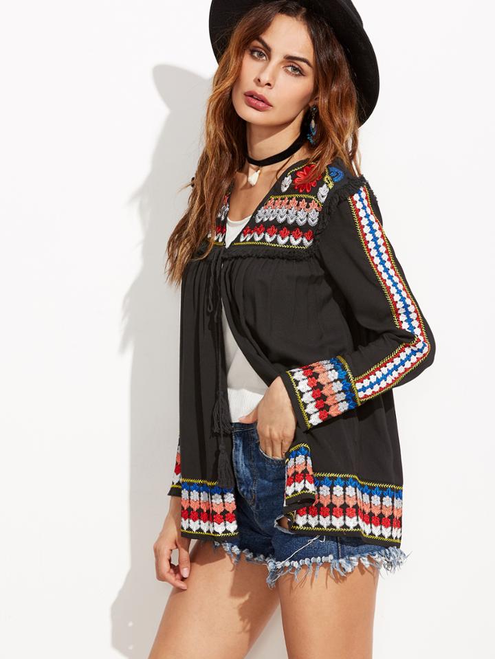 Shein Black Embroidered Tassel Tie Front Blouse