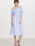 Shein Blue Striped Off The Shoulder Eyelet Embroidered Detail Belted Dress