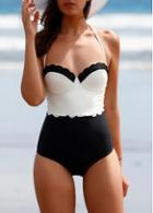 Rosewe Scalloped Patchwork One Piece Halter Swimwear