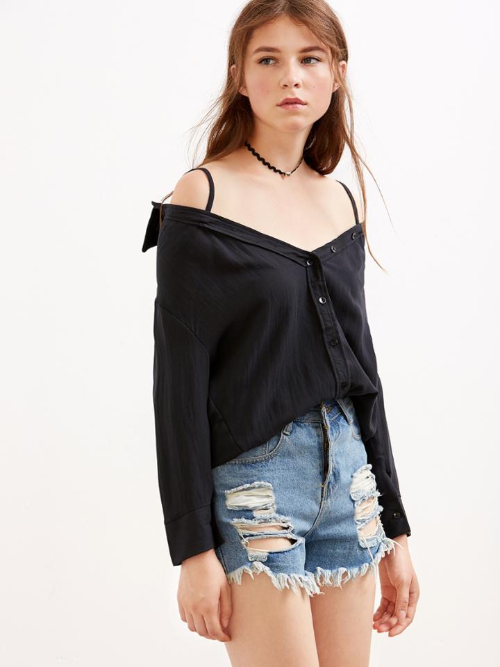 Shein Black Cold Shoulder Button Front Top