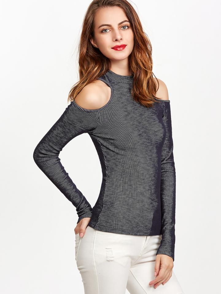 Shein Navy Ribbed Knit Open Shoulder T-shirt