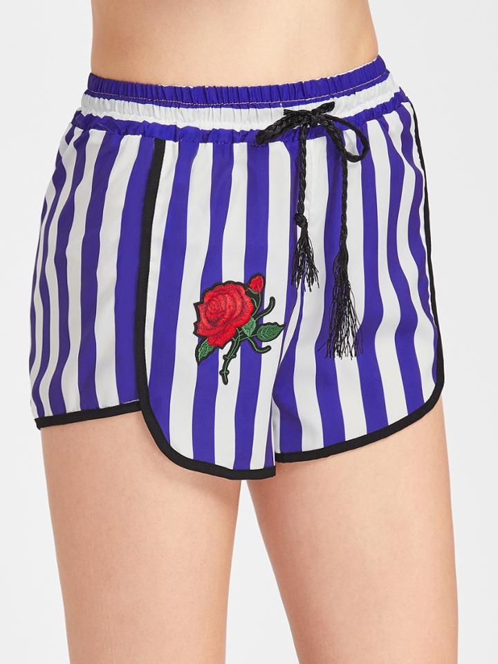 Shein Rose Embroidered Striped Drawstring Shorts