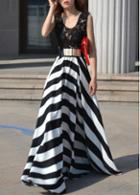 Rosewe Chiffon Stripe Pattern Lace Splicing Maxi Dress