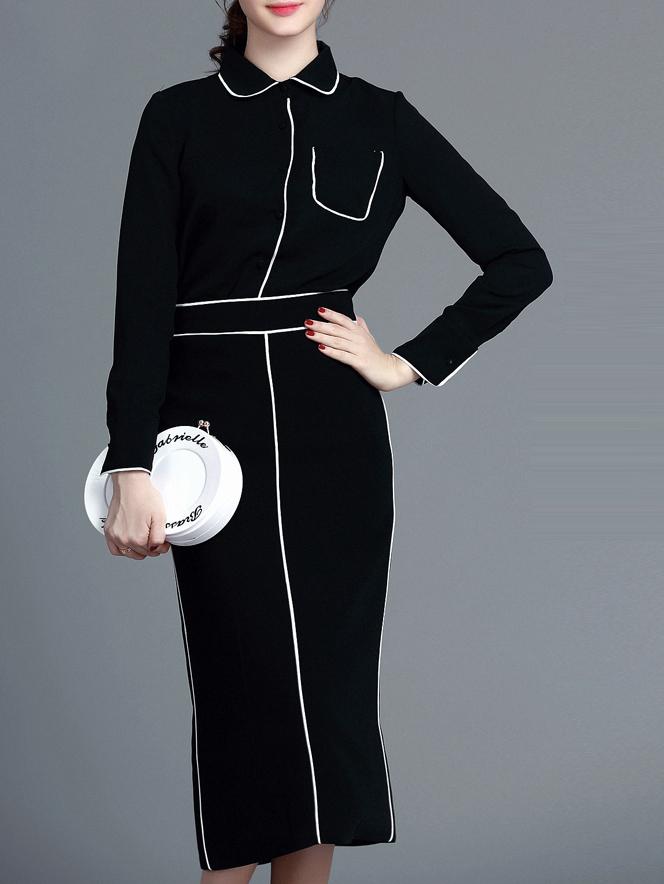 Shein Black Lapel Pockets Top With Skirt
