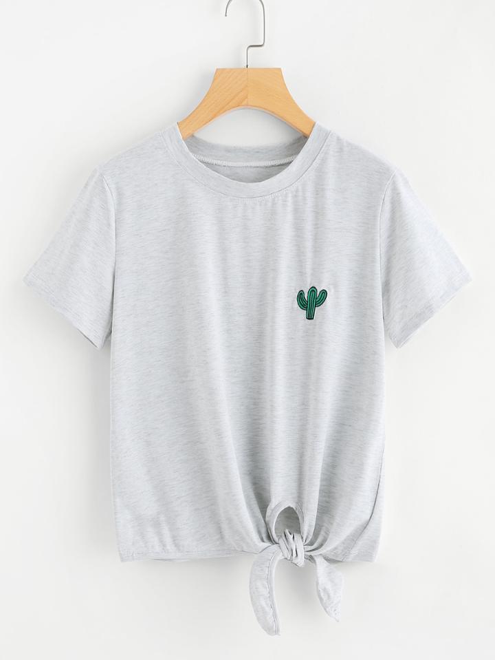 Shein Cactus Embroidered Knot Front Tee
