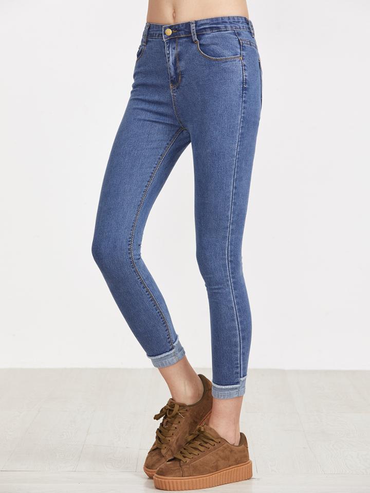 Shein Blue Contrast Hem Skinny Ankle Jeans