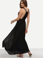 Shein Black V Neck Tie Waist Sleeveless Maxi Dress