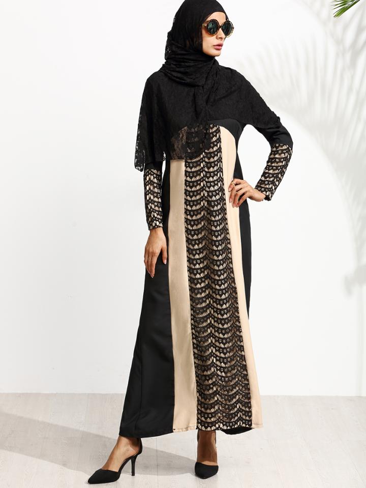 Shein Muslim Stitching Long Sleeve Long Sleeve Islamic Kaftan Abaya Maxi Dress