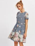 Shein Bow Tied Back Floral & Striped Dress